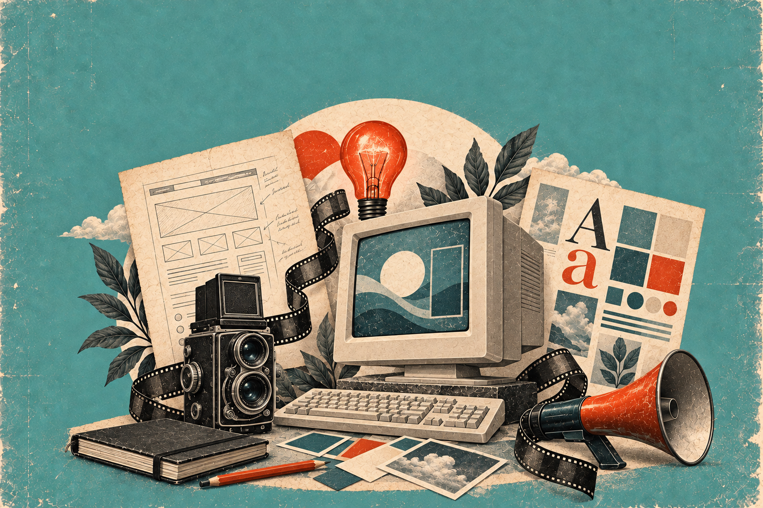 Vintage studio collage with a CRT and keyboard, twin-lens camera, website wireframe, color study and megaphone