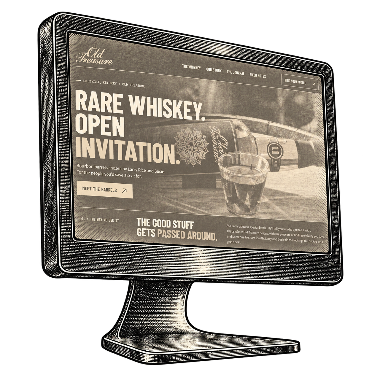 Old Treasure whiskey website in a faded sepia vintage monitor